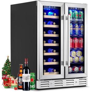 imageKalamera Mini Beverage Fridge Refrigerator 120 Cans Freestanding Drink Cooler  for Soda Water Beer or Wine with White LED LightDual Zone Black